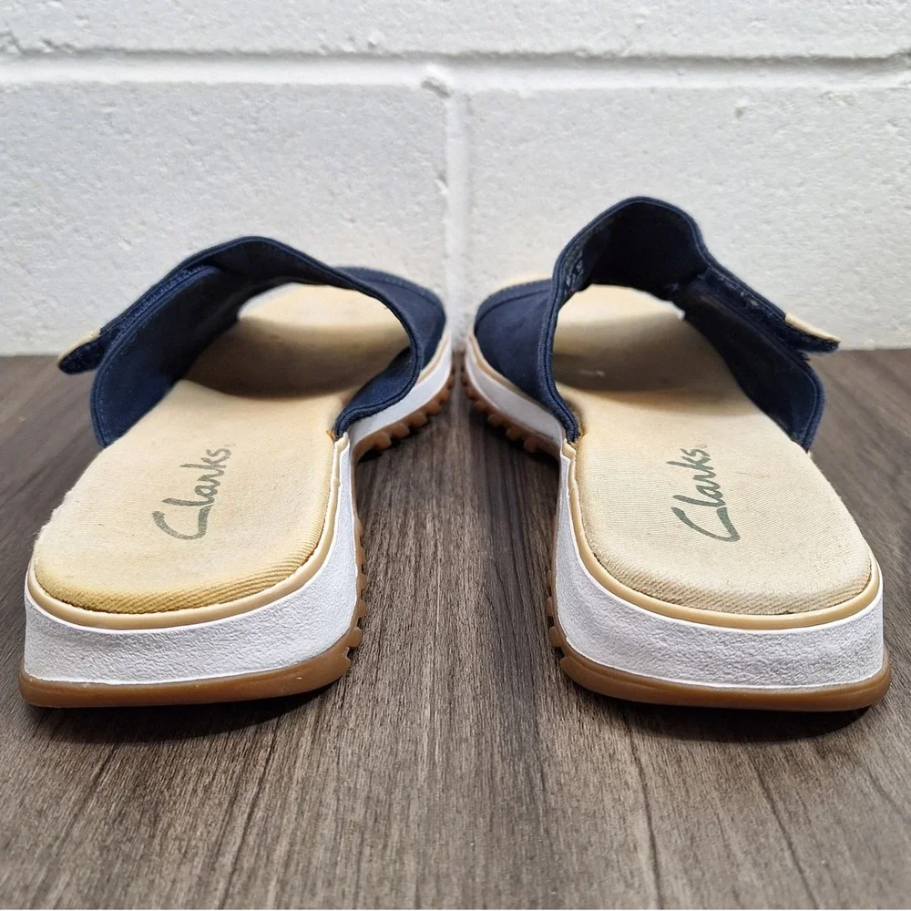 Clarks Sunbeat Navy Blue Canvas Slide Sandals Womens Size 8 M 36104 Adjustable - Picture 4 of 7